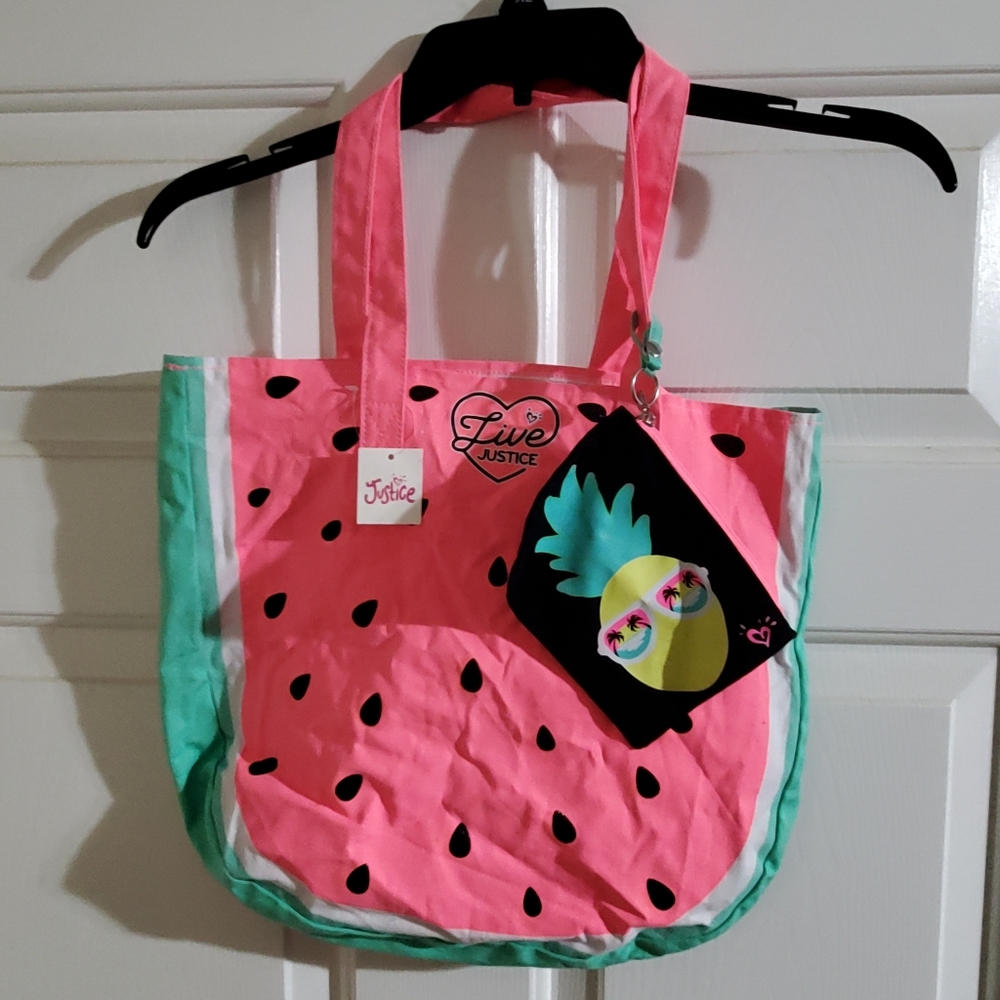 Kids justice watermelon tote and small zipper bag